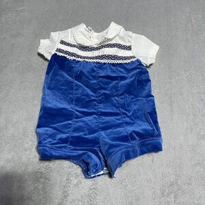 Vintage Toddle Tyke One Piece Baby 12m 18m Lace Blue‎ White Velvet 60s 70s